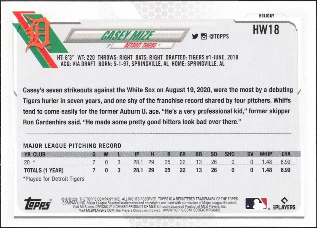2021 Topps Holiday Casey Mize #HW18 baseball trading card back