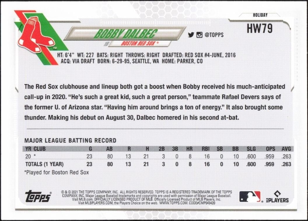 2021 Topps Holiday Bobby Dalbec #HW79 baseball trading card back