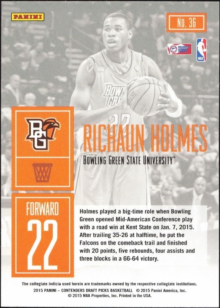 2015-16 Panini Contenders Draft Picks Richaun Holmes #36 basketball trading card back