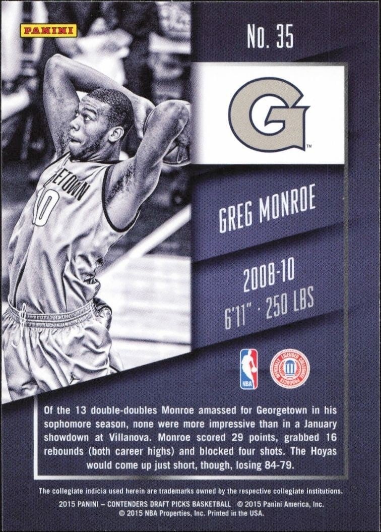 2015-16 Panini Contenders Draft Picks Greg Monroe #35 basketball trading card back