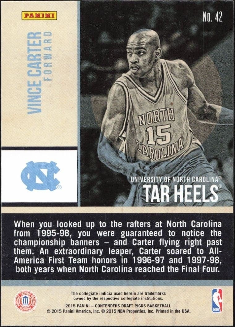 2015-16 Panini Contenders Draft Picks Vince Carter #42 basketball trading card back