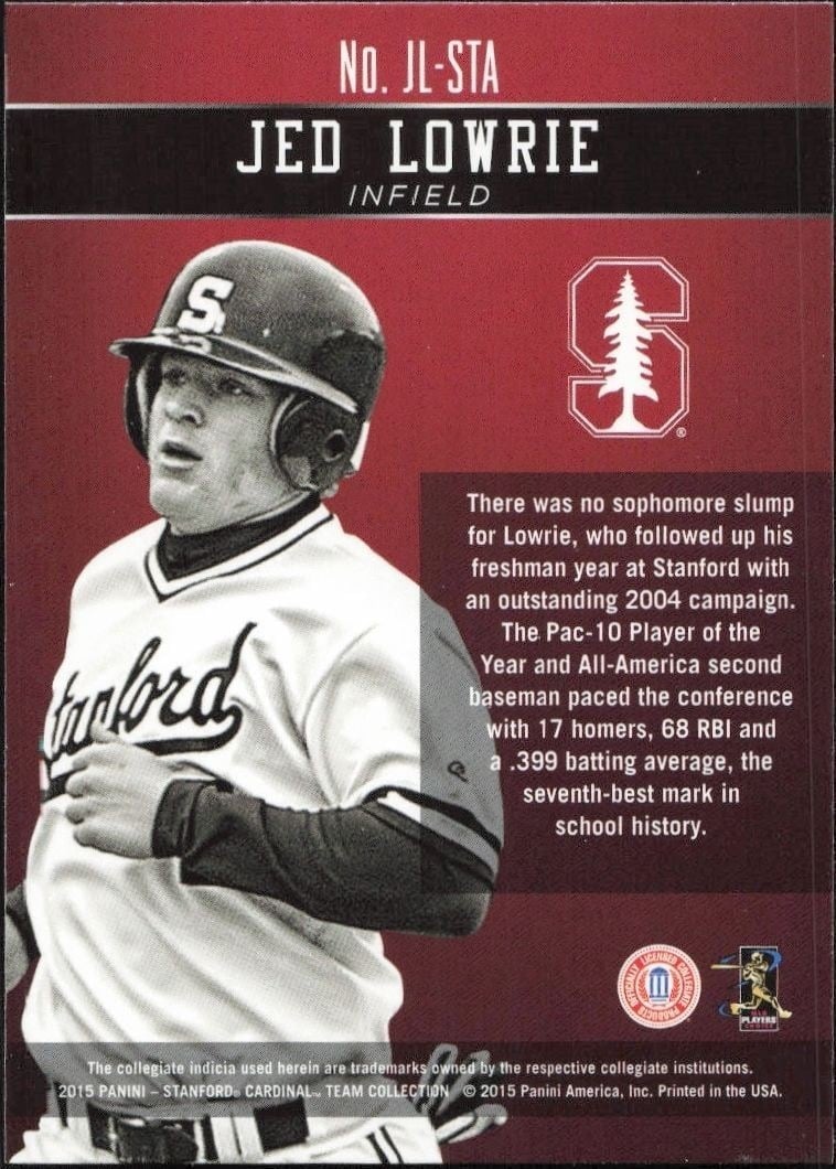 2015 Panini Stanford University Jed Lowrie #JL-STA baseball trading card back