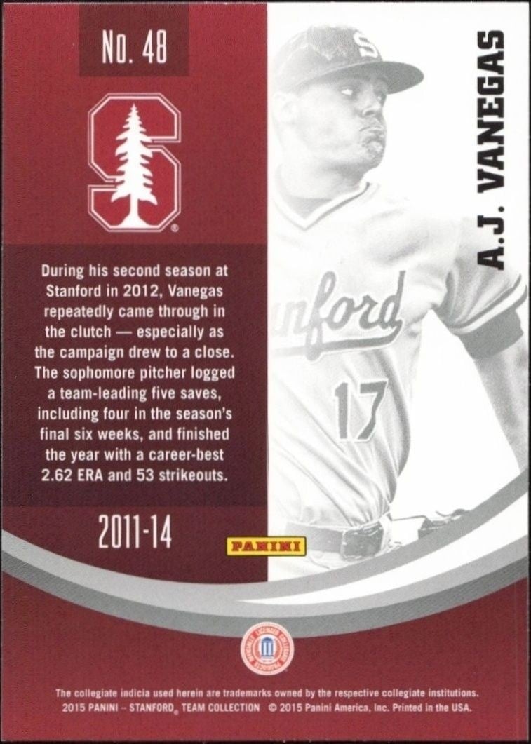 2015 Panini Stanford University A.J Vanegas #48 baseball trading card back