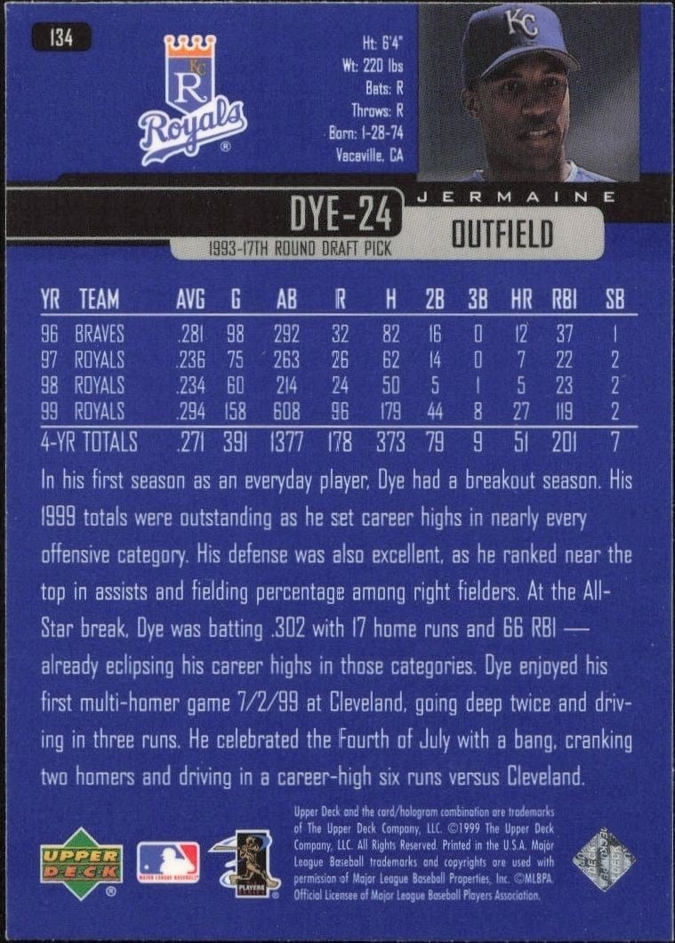 2000 Upper Deck Jermaine Dye #134 baseball trading card back