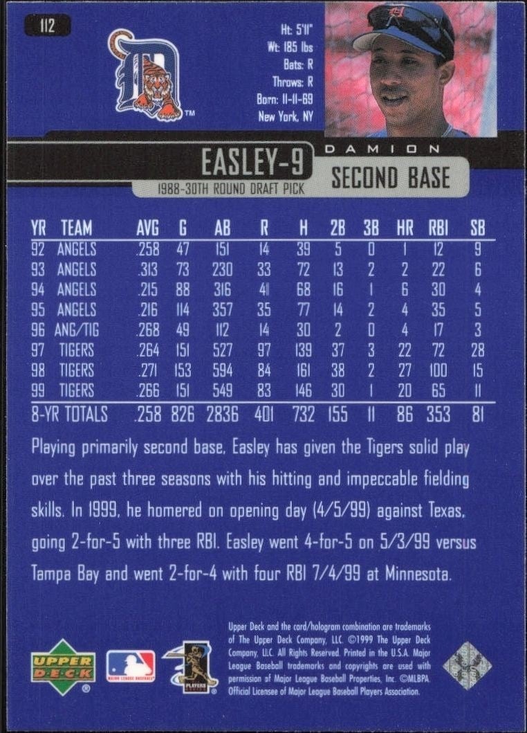 2000 Upper Deck Damion Easley #112 baseball trading card back