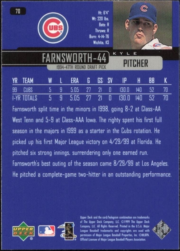2000 Upper Deck Kyle Farnsworth #164 baseball trading card back