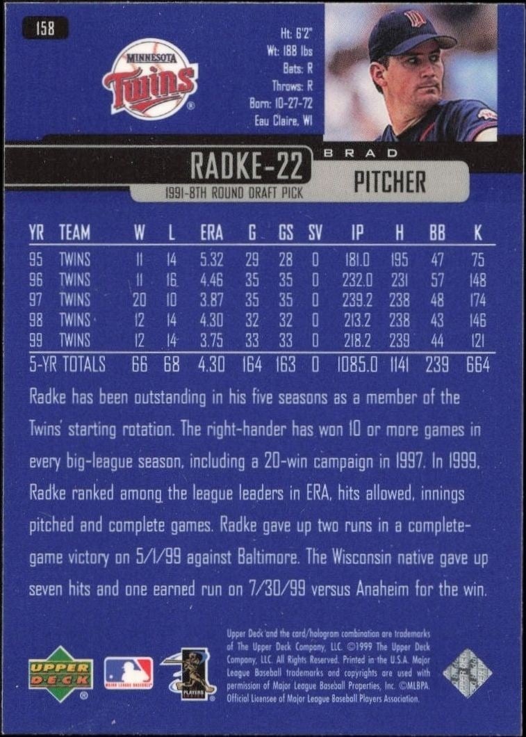 2000 Upper Deck Brad Radke #158 baseball trading card back