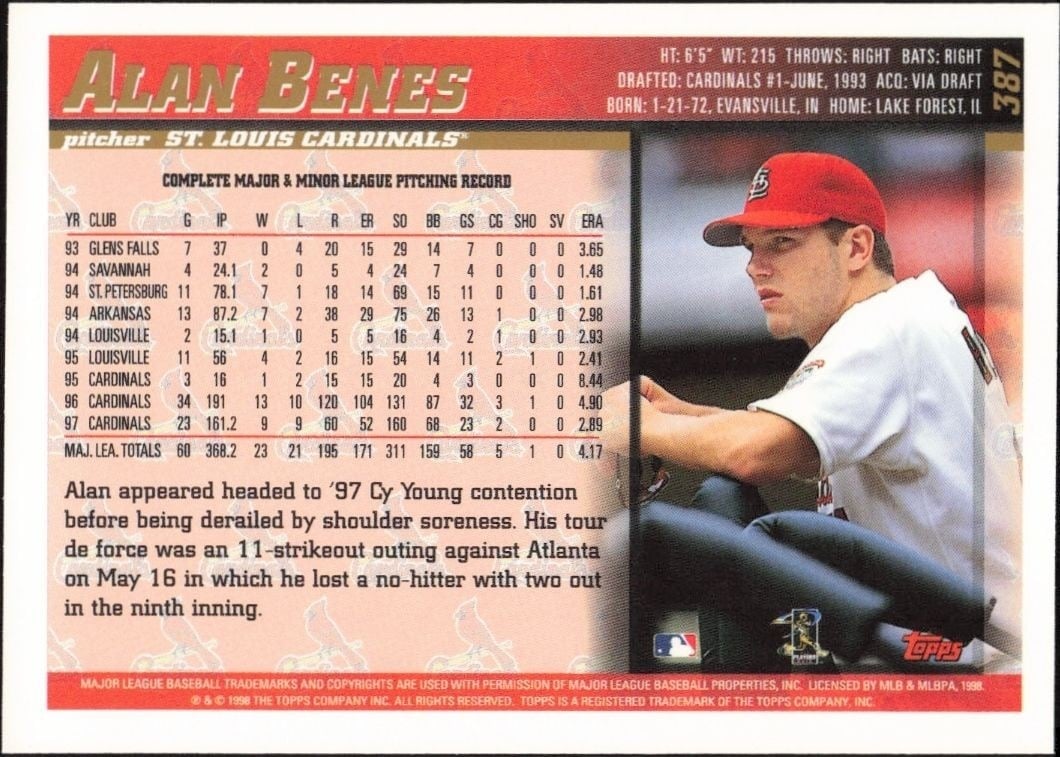 1998 Topps Alan Benes #387 baseball trading card back