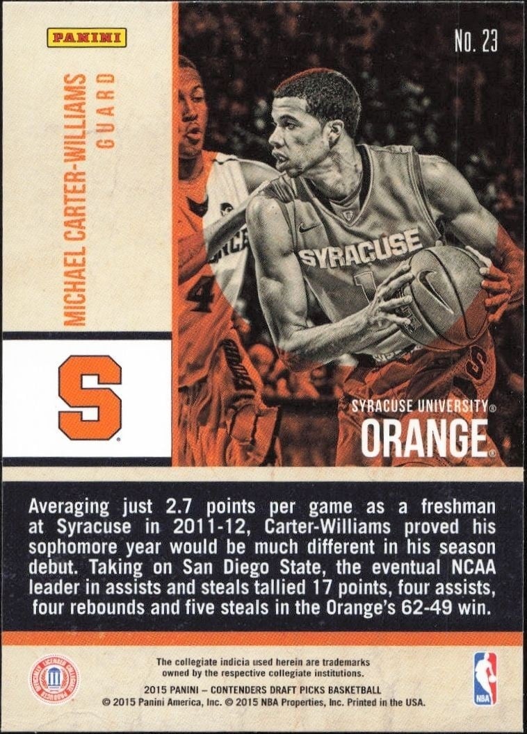 2015-16 Panini Contenders Draft Picks Michael Carter-Williams #23 basketball trading card back