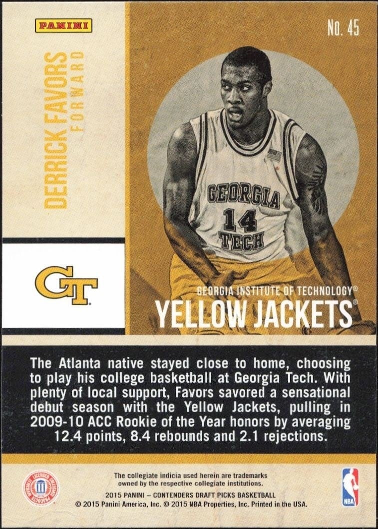 2015-16 Panini Contenders Draft Picks Derrick Favors #45 basketball trading card back