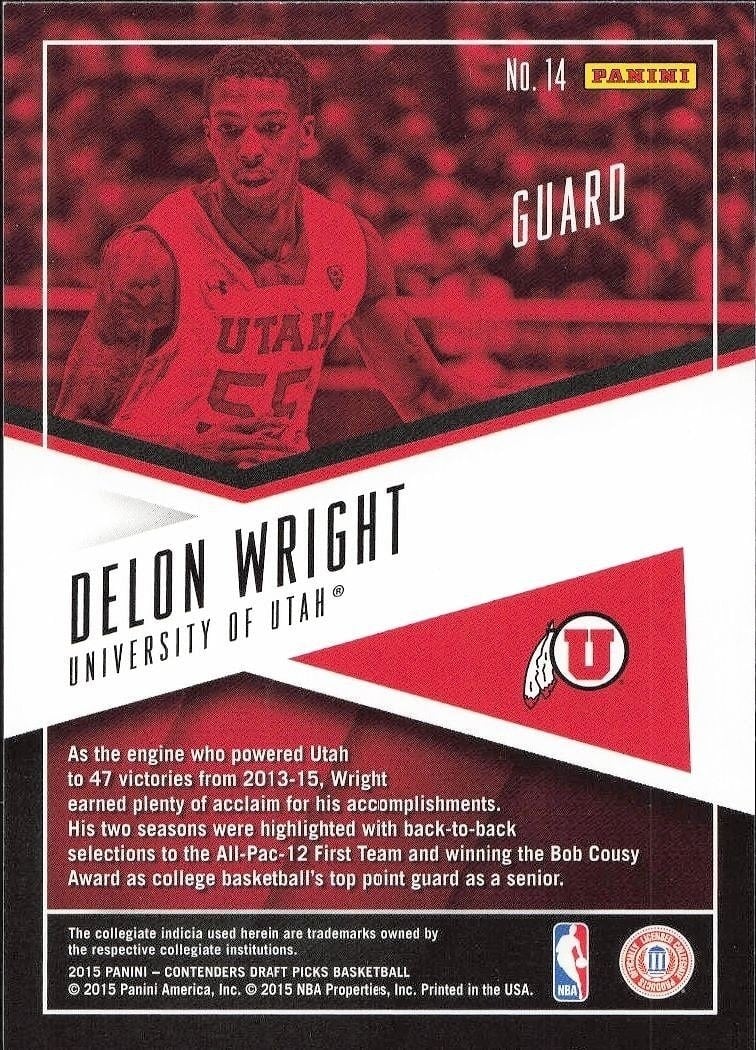 2015-16 Panini Contenders Draft Picks Delon Wright #14 basketball trading card back