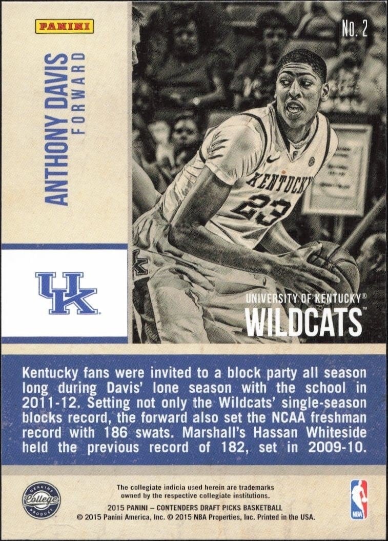 2015-16 Panini Contenders Draft Picks Anthony Davis #2 basketball trading card back