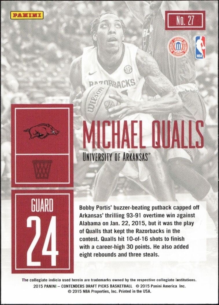 2015-16 Panini Contenders Draft Picks Michael Qualls #27 basketball trading card back