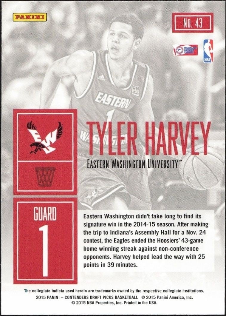 2015-16 Panini Contenders Draft Picks Tyler Harvey #43 basketball trading card back