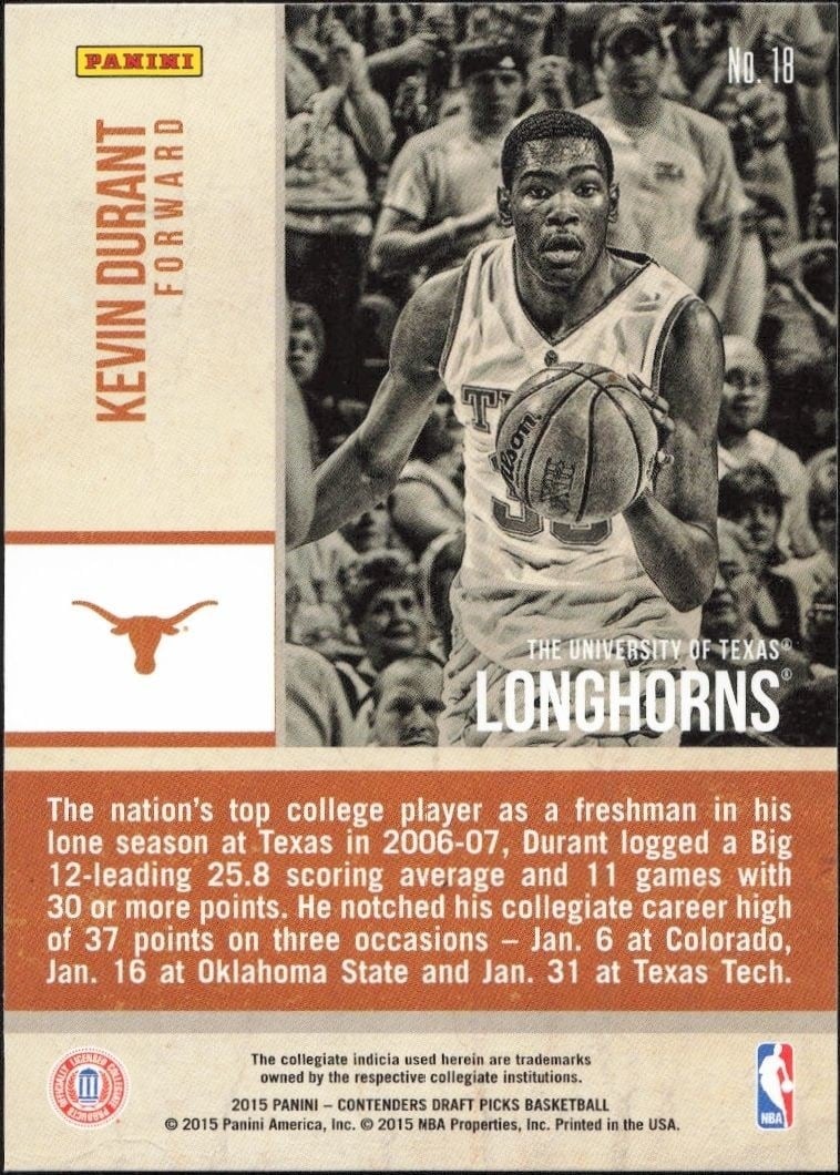 2015-16 Panini Contenders Draft Picks Kevin Durant #18 basketball trading card back