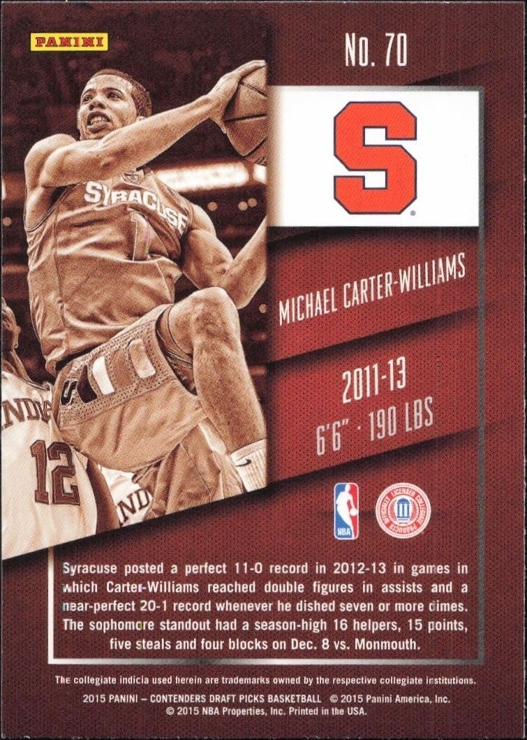 2015-16 Panini Contenders Draft Picks Michael Carter-Williams #70 basketball trading card back
