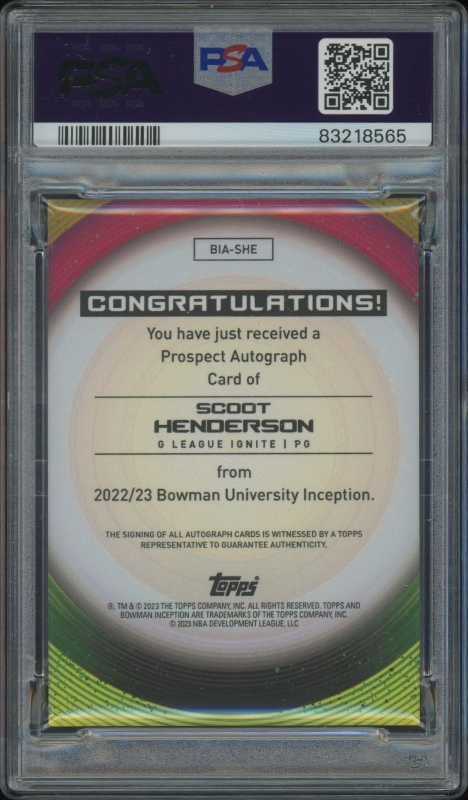 2022-23 Bowman University Inception Scoot Henderson #BIA-SHE basketball trading card back
