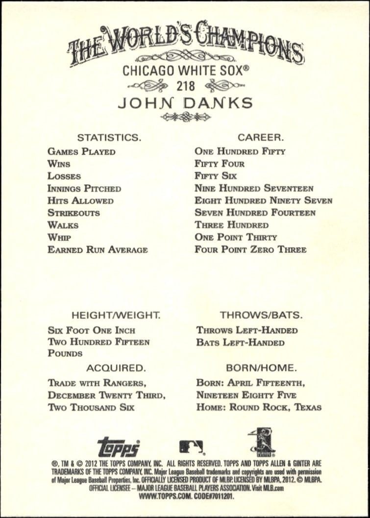2012 Topps Allen & Ginter John Danks #218 baseball trading card back