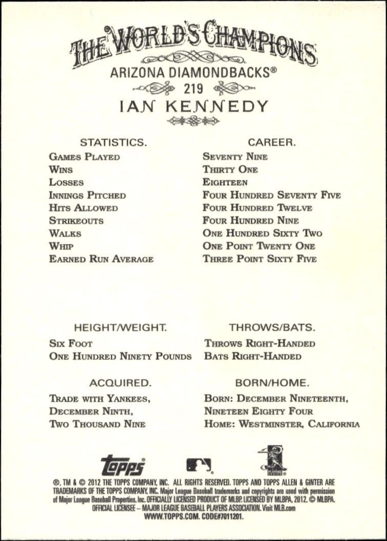 2012 Topps Allen & Ginter Ian Kennedy #219 baseball trading card back