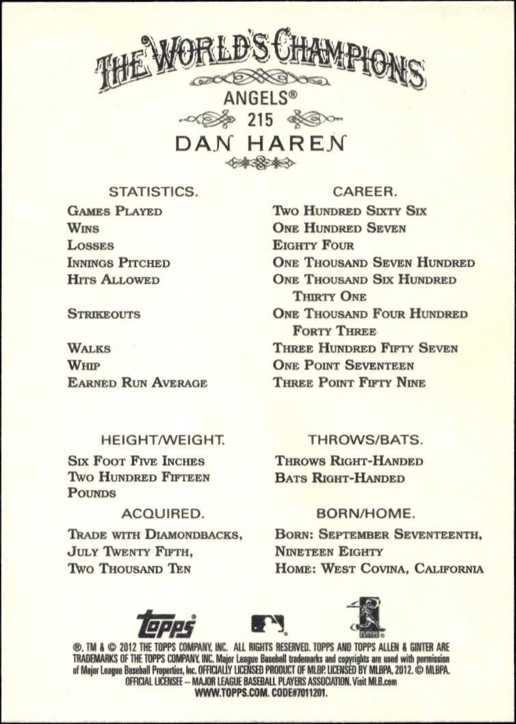 2012 Topps Allen & Ginter Dan Haren #215 baseball trading card back