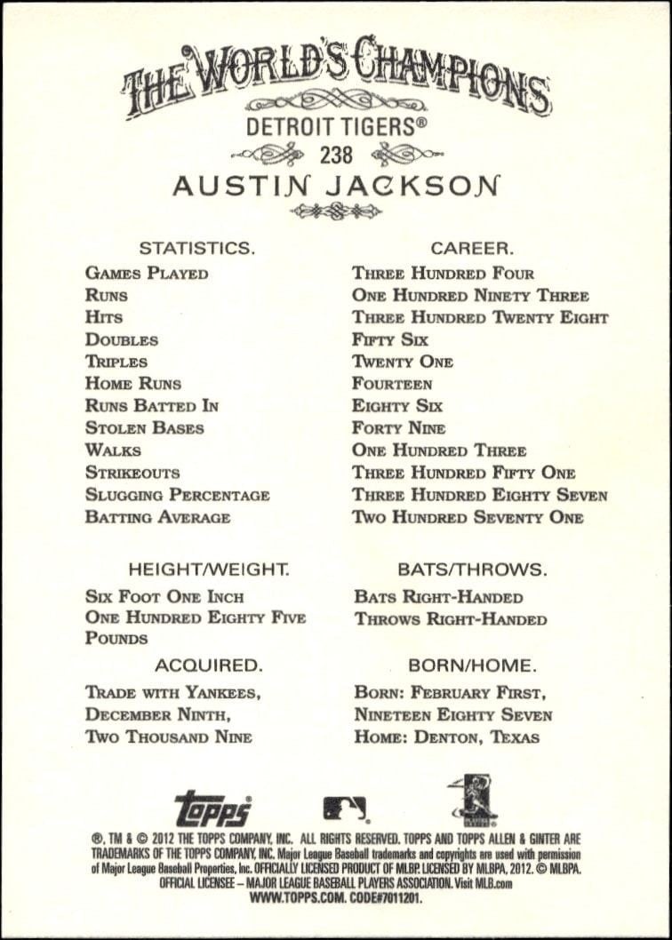 2012 Topps Allen & Ginter Austin Jackson #238 baseball trading card back