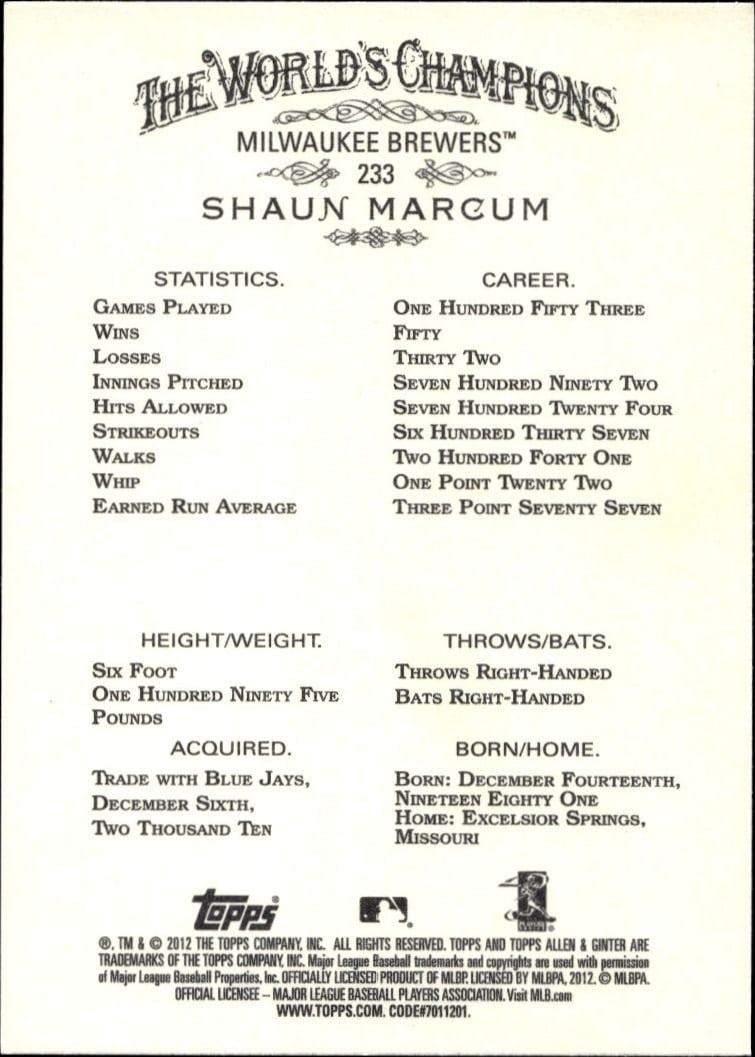 2012 Topps Allen & Ginter Shaun Marcum #233 baseball trading card back
