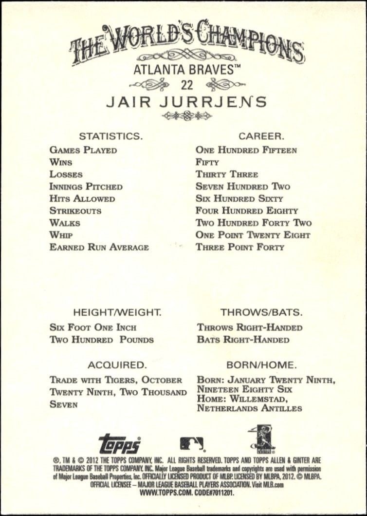 2012 Topps Allen & Ginter Jair Jurrjens #22 baseball trading card back