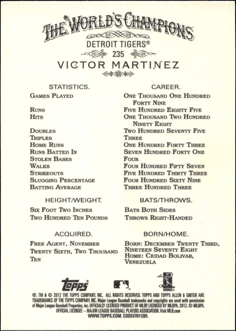 2012 Topps Allen & Ginter Victor Martinez #235 baseball trading card back
