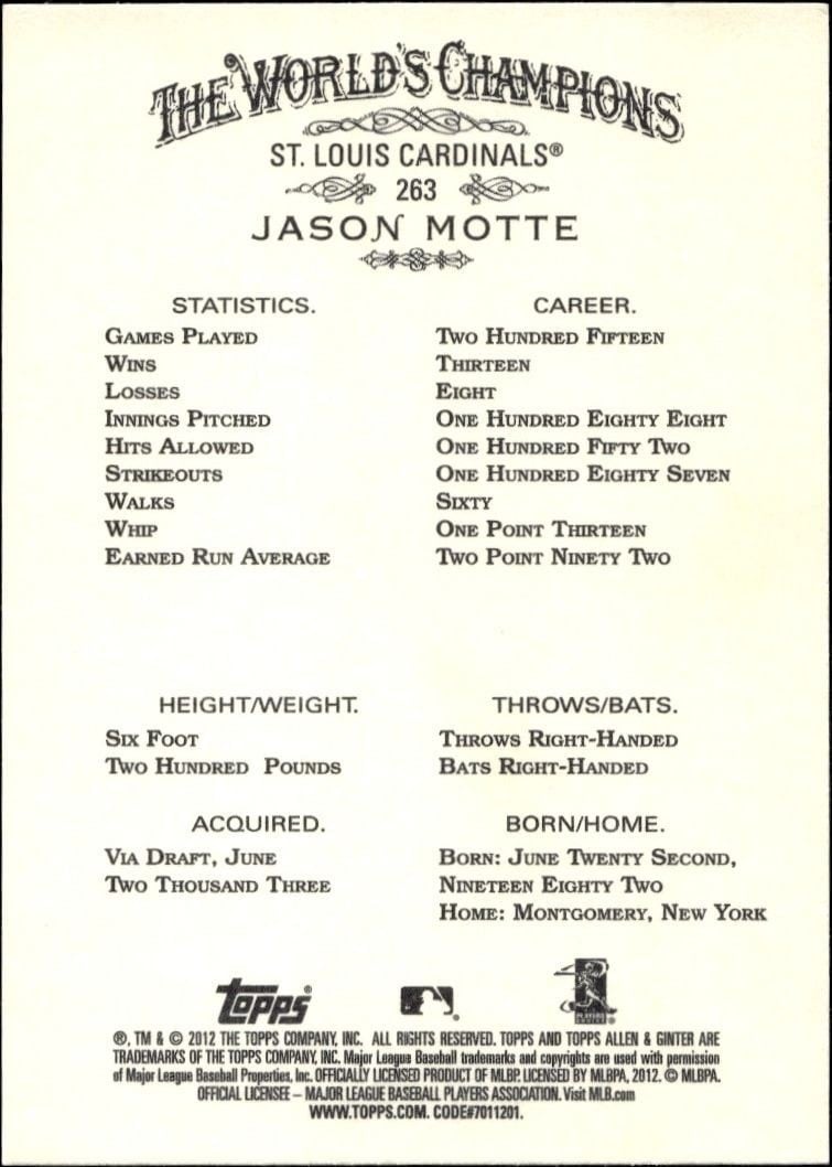 2012 Topps Allen & Ginter Jason Motte #263 baseball trading card back