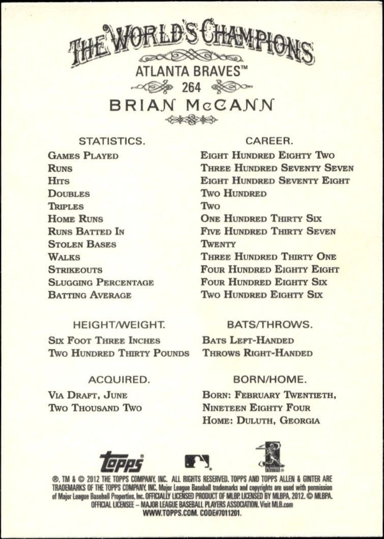 2012 Topps Allen & Ginter Brian McCann #264 baseball trading card back