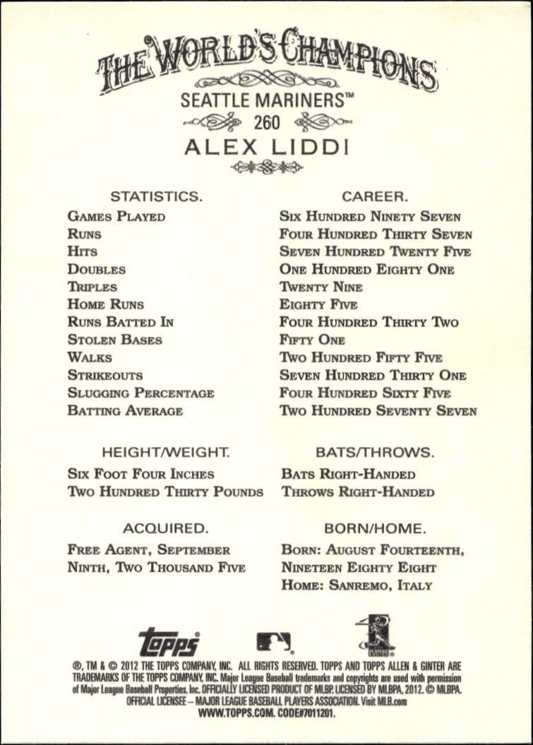 2012 Topps Allen & Ginter Alex Liddi #260 baseball trading card back