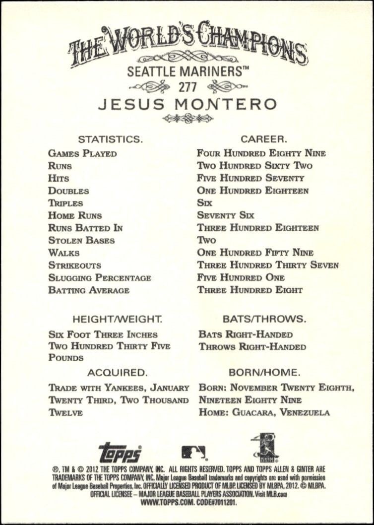 2012 Topps Allen & Ginter Jesus Montero #277 baseball trading card back