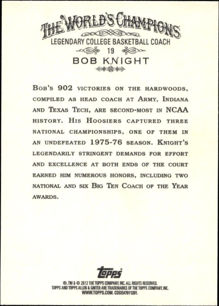 2012 Topps Allen & Ginter Bob Knight #19 baseball trading card back