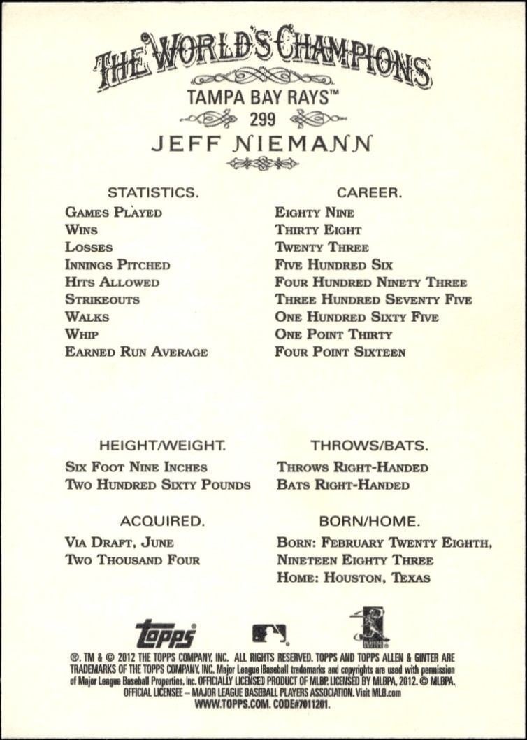 2012 Topps Allen & Ginter Jeff Niemann #299 baseball trading card back