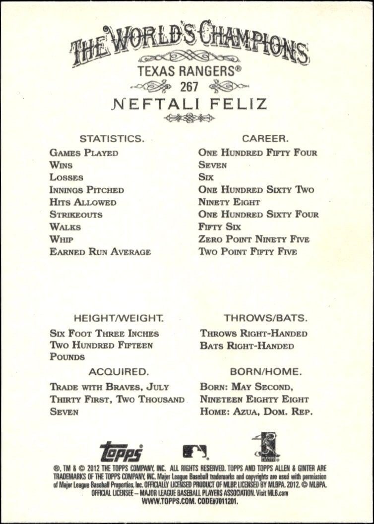 2012 Topps Allen & Ginter Neftali Feliz #267 baseball trading card back