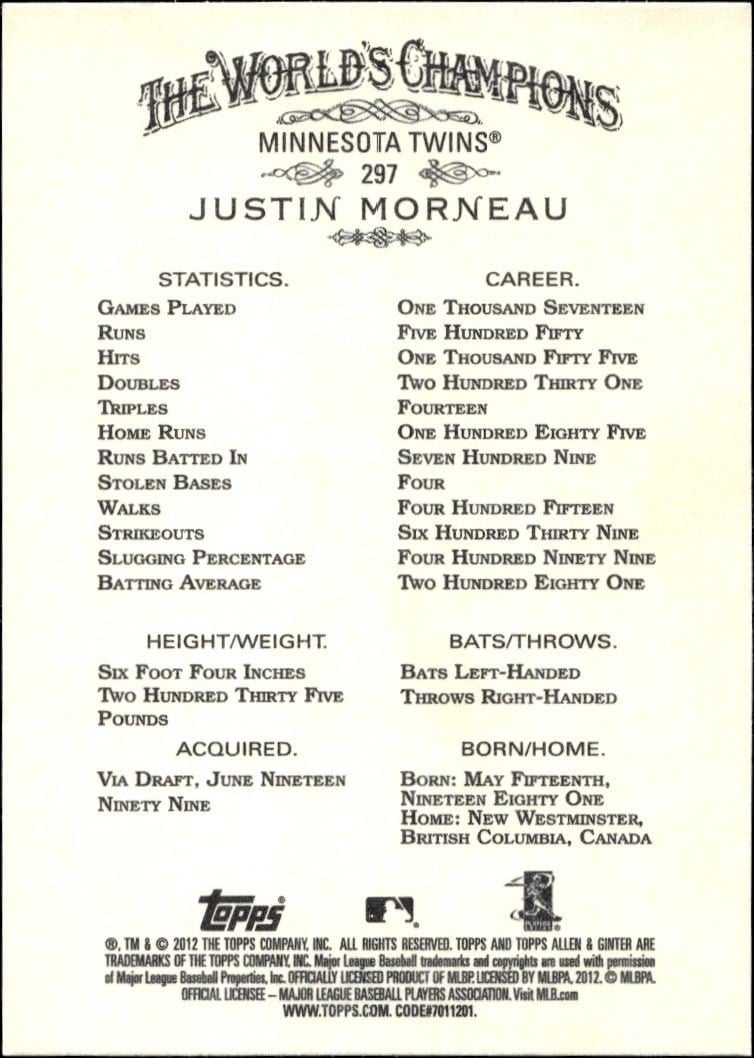 2012 Topps Allen & Ginter Justin Morneau #297 baseball trading card back