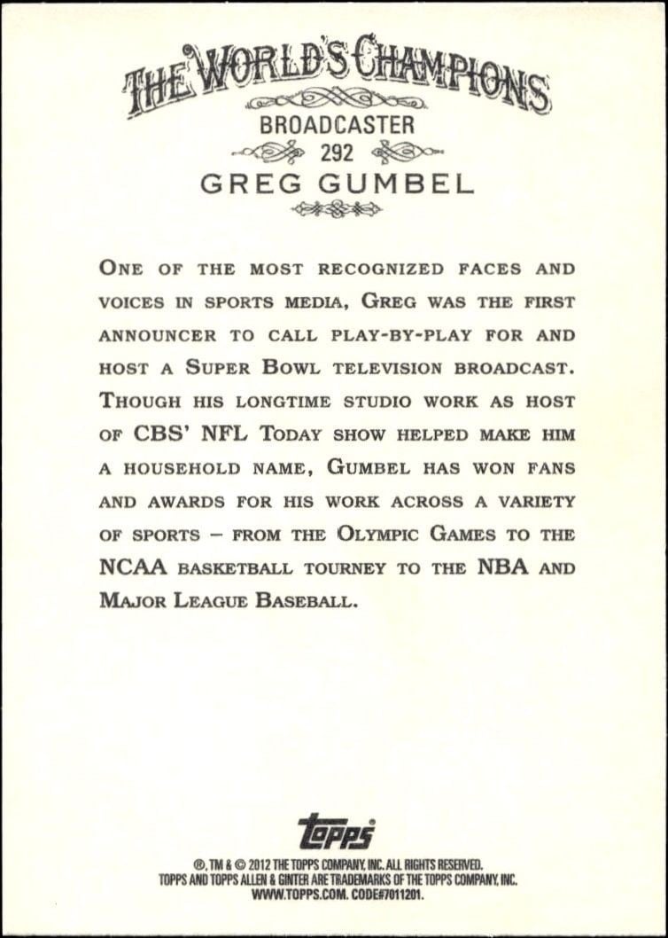 2012 Topps Allen & Ginter Greg Gumbel #292 baseball trading card back