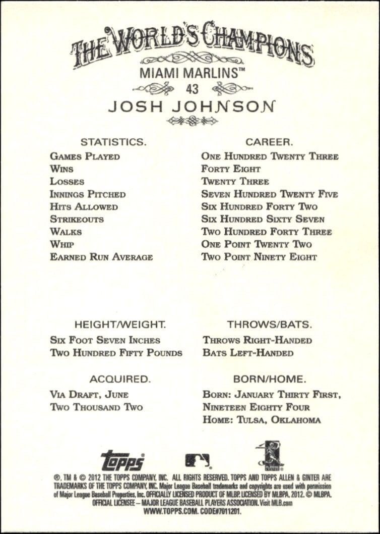 2012 Topps Allen & Ginter Josh Johnson #43 baseball trading card back