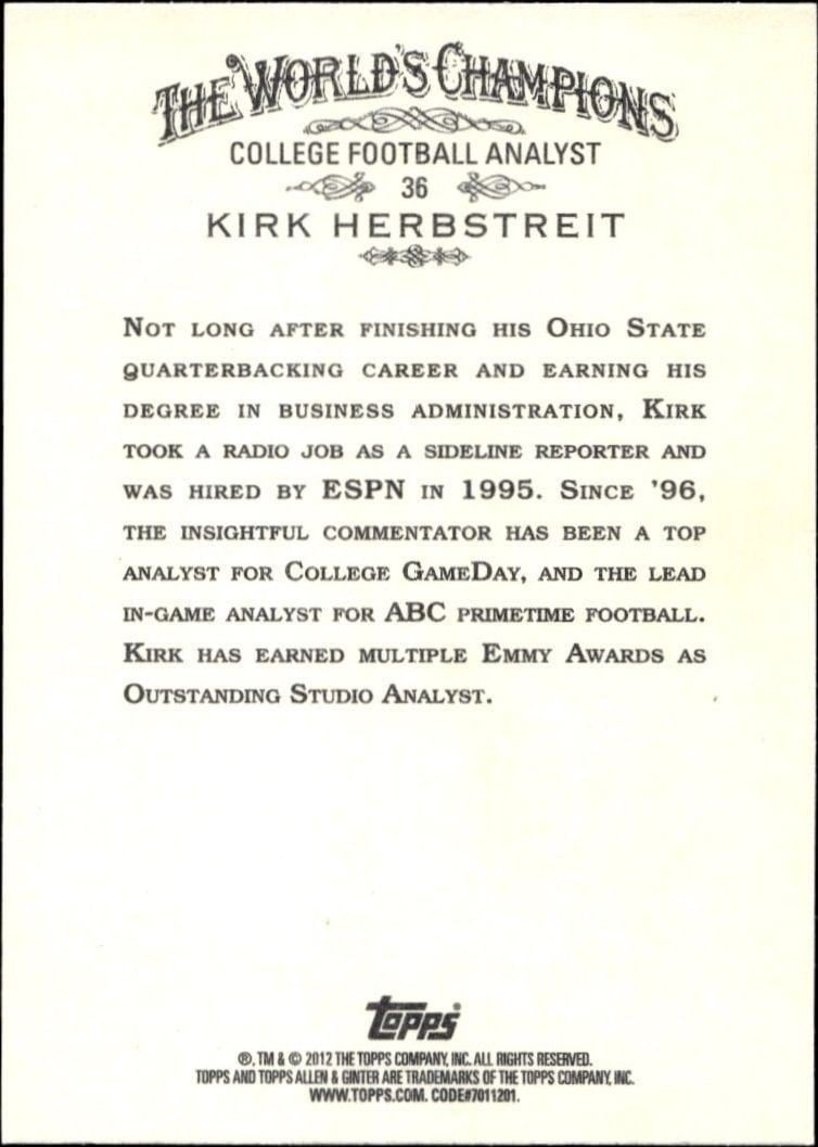 2012 Topps Allen & Ginter Kirk Herbstreit #36 baseball trading card back