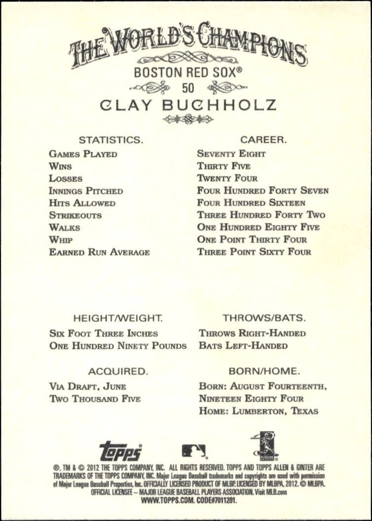 2012 Topps Allen & Ginter Clay Buchholz #50 baseball trading card back