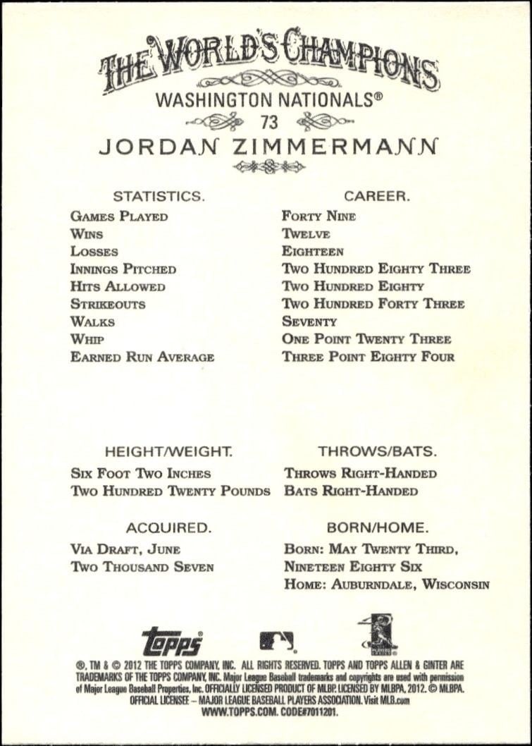 2012 Topps Allen & Ginter Jordan Zimmermann #73 baseball trading card back