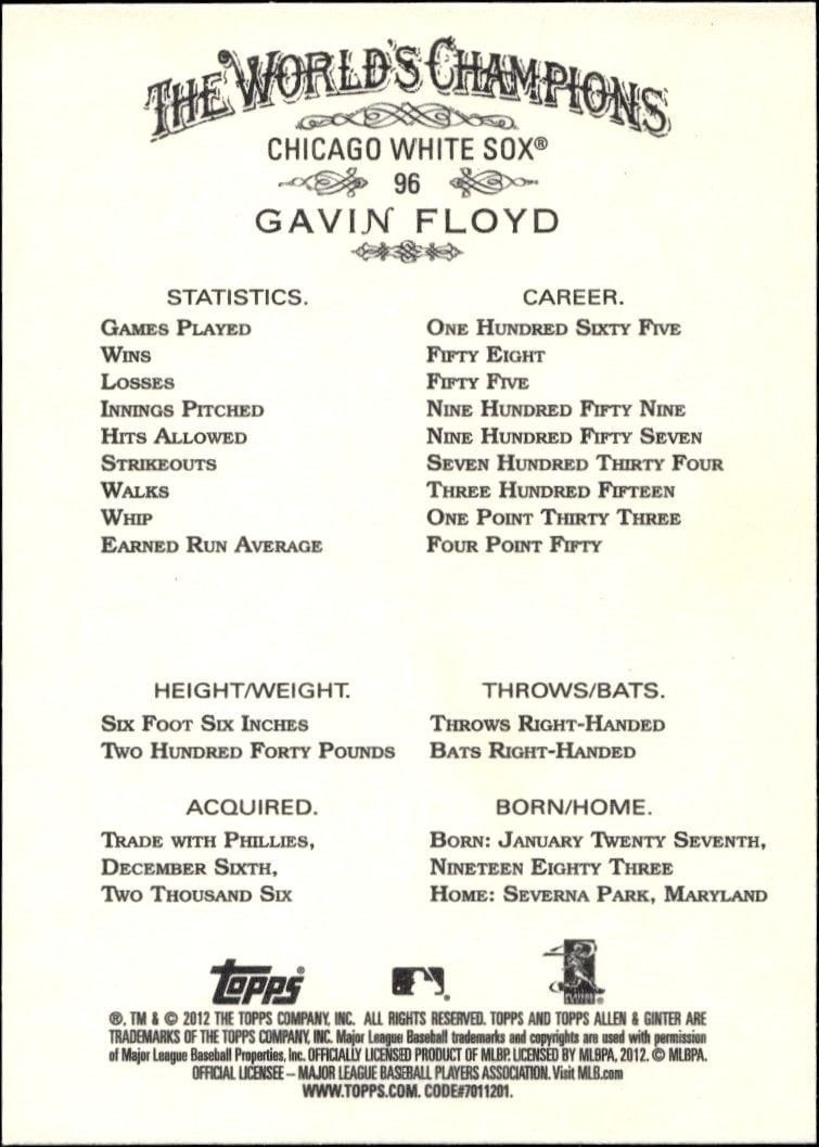 2012 Topps Allen & Ginter Gavin Floyd #96 baseball trading card back