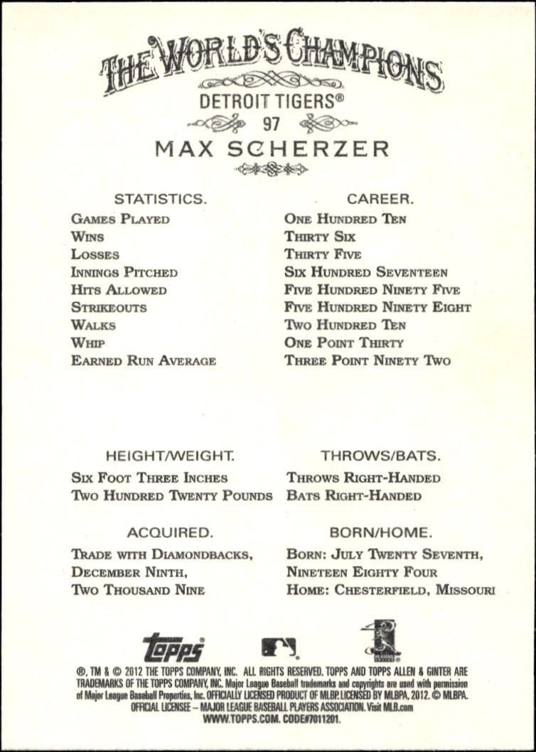 2012 Topps Allen & Ginter Max Scherzer #97 baseball trading card back