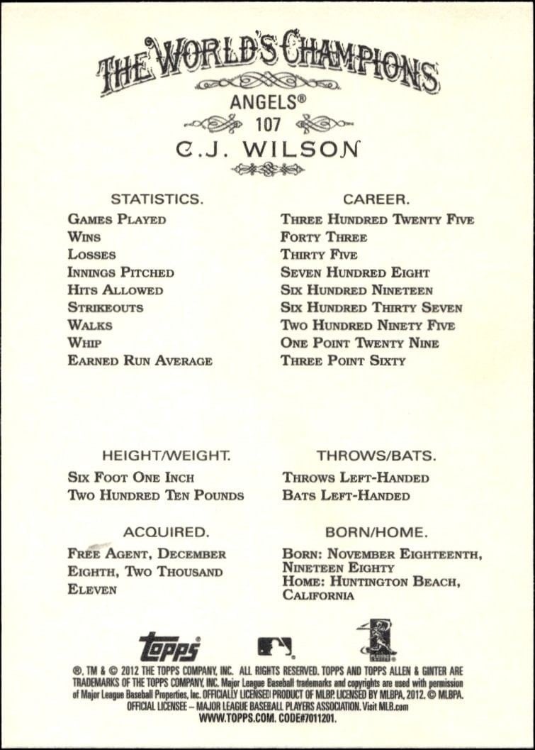 2012 Topps Allen & Ginter C.J. Wilson #107 baseball trading card back