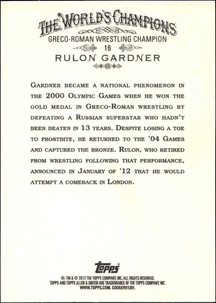 2012 Topps Allen & Ginter Rulon Gardner #16 baseball trading card back