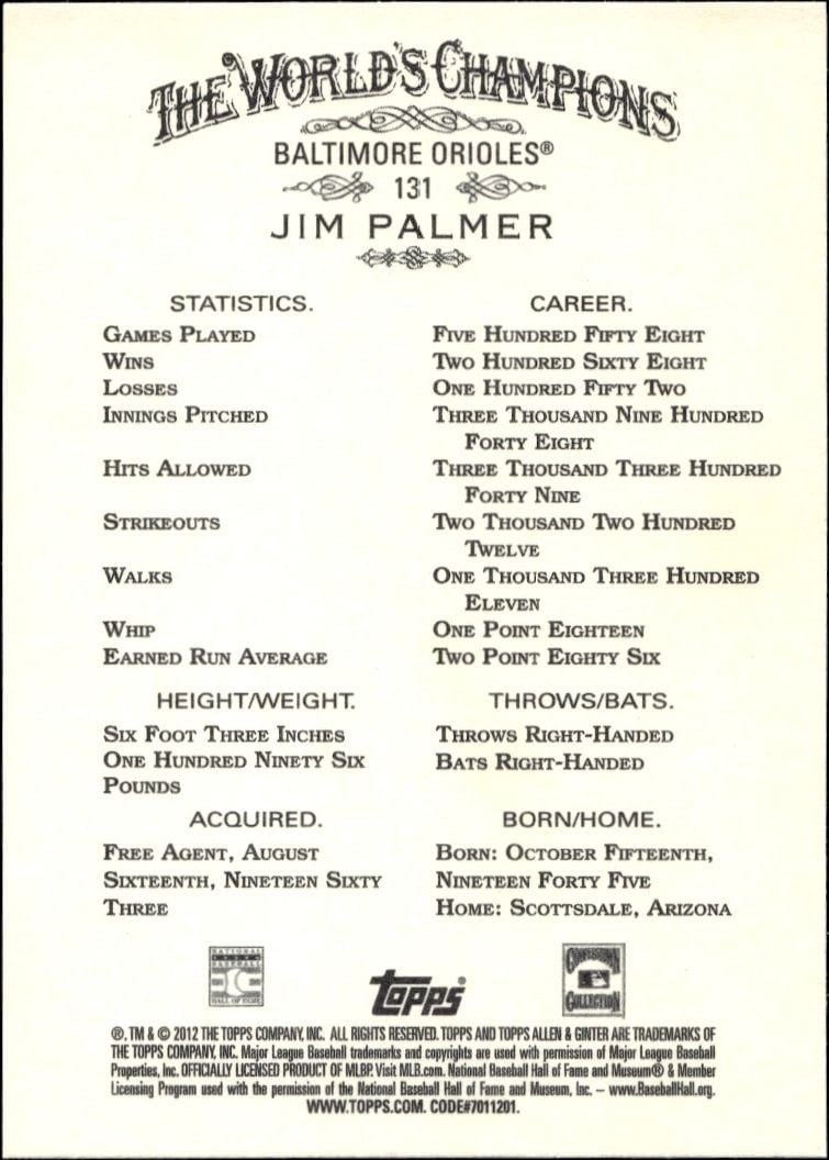 2012 Topps Allen & Ginter Jim Palmer #131 baseball trading card back