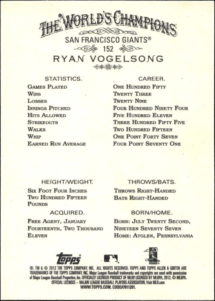 2012 Topps Allen & Ginter Ryan Vogelsong #152 baseball trading card back