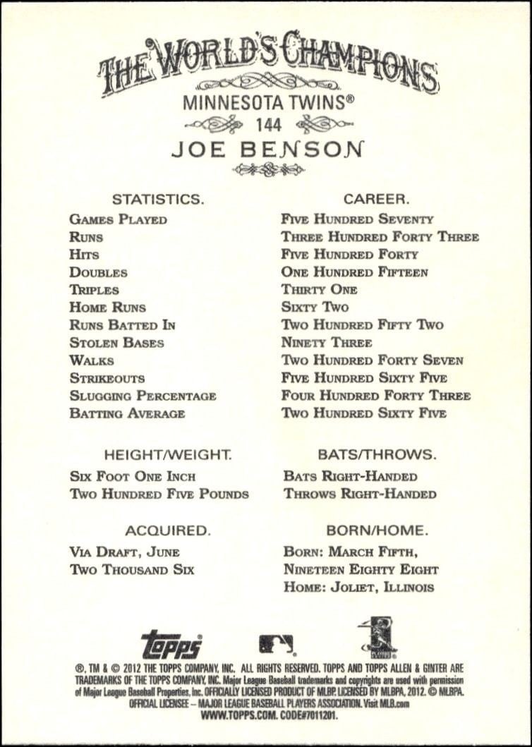 2012 Topps Allen & Ginter Joe Benson #144 baseball trading card back
