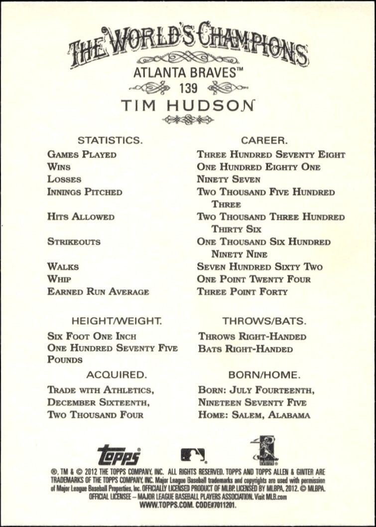 2012 Topps Allen & Ginter Tim Hudson #139 baseball trading card back