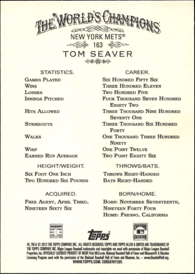 2012 Topps Allen & Ginter Tom Seaver #163 baseball trading card back